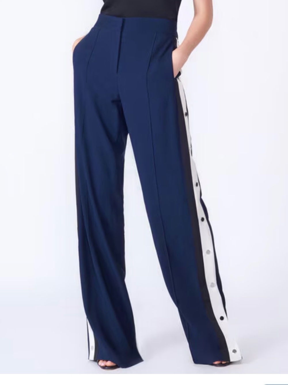 Veronica Beard Navy Wide-Leg Snap-Stripe Track Pants